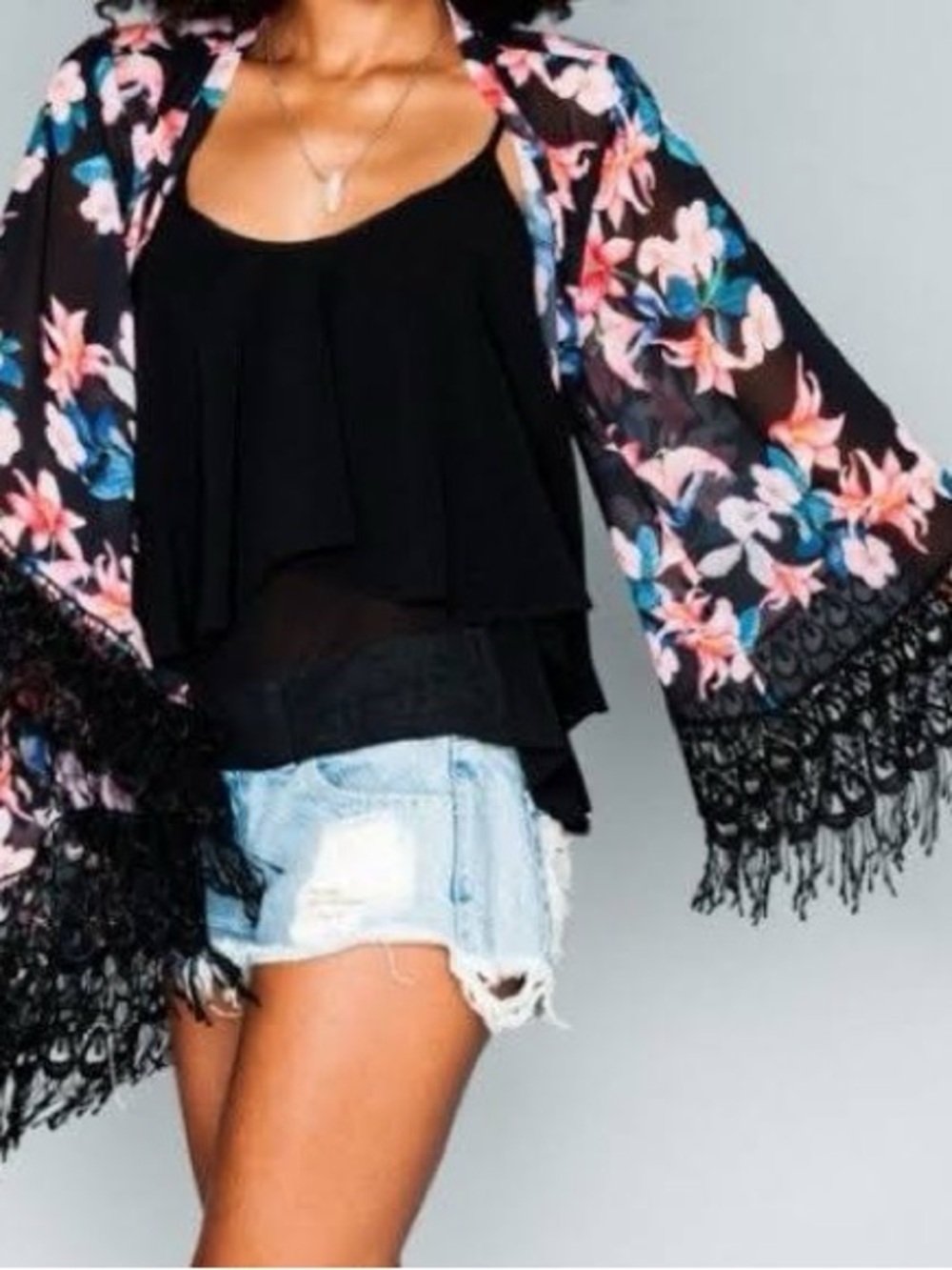 Show Me Your Mumu Black Sheer Floral Kimono with Pink & Blue Blooms